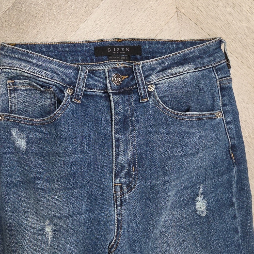 Risen High Rise Flare Distressed Raw Hem Jeans, Size 27/5 - Picture 3 of 8